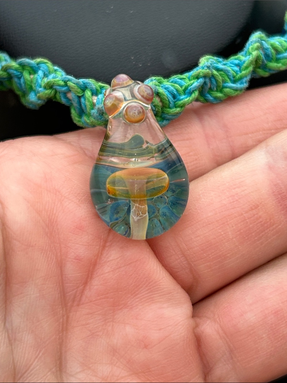 Blue Hemp Necklace, Glass Mushroom Handblown Pendant, Boho Choker - Picture 3 of 10